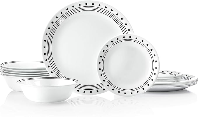 Corelle Vitrelle 18-Piece Service for 6 Dinnerware Set Triple Layer Glass and Chip Resistant Lightweight Round Plates and Bowls Set City Block