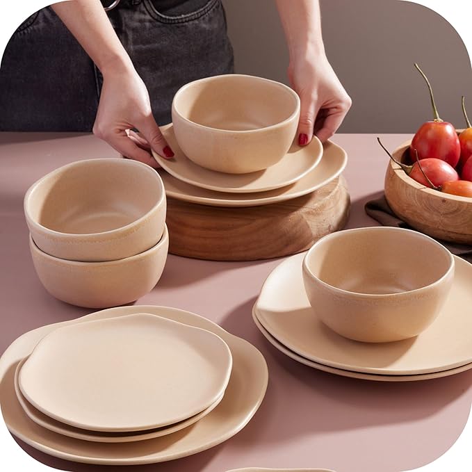 Corona Dinnerware Set 12–piece Plates and Bowls Set Ceramic Sets for 4 Microwave and Dishwasher Safe Areia Modern Organic Shape.