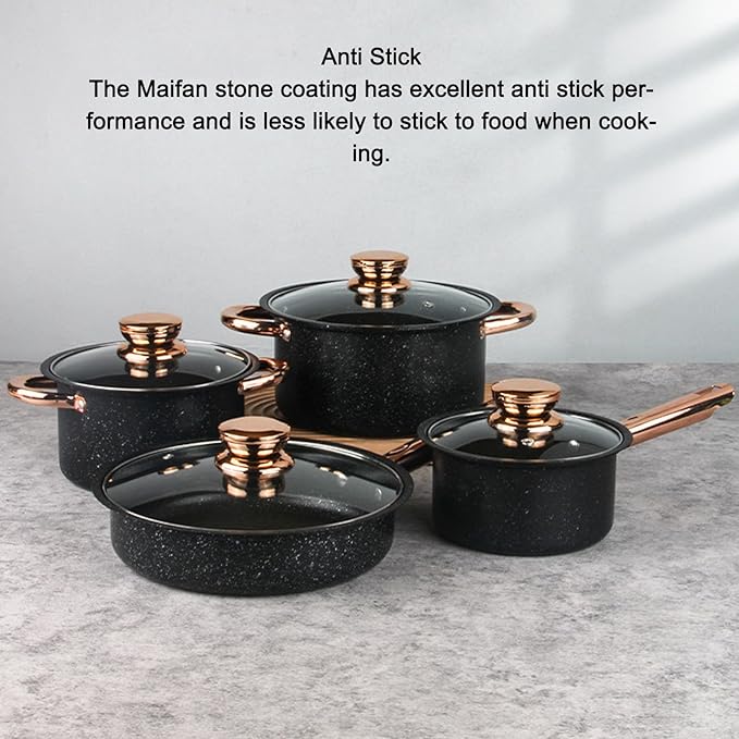 Stainless Steel Cookware Set with Maifan Stone Coating Stick Pots Pans Set 10 Piece Nonstick Cookware Set with Glass Lids Even Heat Distribution for Frying