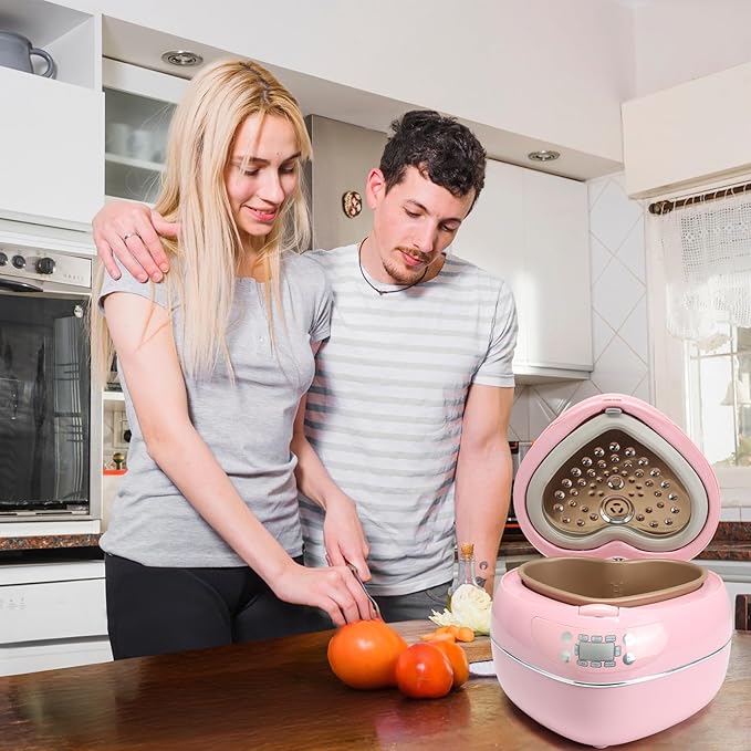 Heart Shaped Pink Rice Cooker Small Multifunctional Peach Heart Shape 300W High Power Preset Timer Automatic Heat Preservation Cute Rice Cooker for New Year Valentine's Day Gifts (1.8L 4Cups)