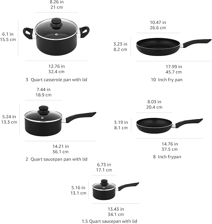 Amazon Basics Non-Stick Kitchen Cookware 8-Piece Set Non-Induction Includes Pots and Pans Black