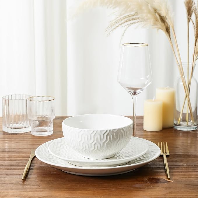 Sureasy Ceramic Dinnerware Sets for 6 18 Pieces Stoneware Plates and Bowls Sets Embossed Scratch Resistant Dinner Set Dishwasher&ampMicrowave Safe White