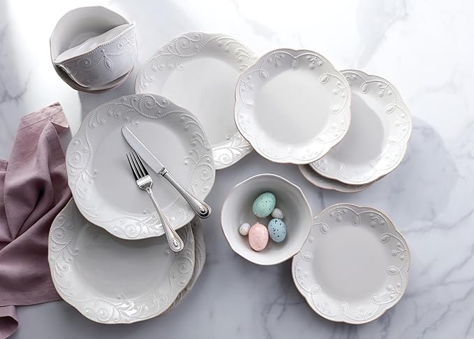 Lenox Dinnerware Set French Perle White 12-Piece Set Service For 4 Stoneware Material Dishwasher Safe Microwave Safe Plates Bowls Home &amp Kitchen Plates And Bowls Sets (White 12 Piece)