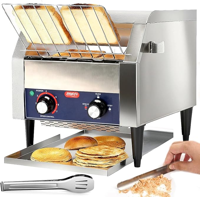 JOHAKYU Commercial Conveyor Toaster - 300 Slices/Hour Heavy Duty Stainless Steel for Buns Bagels Bread Restaurant Use/Includes Cleaning Accessories