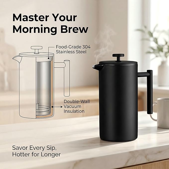 YJX 34oz Coffee Maker Stainless Steel French Press 1 Liter Camping Coffee Pot Tea Maker 34 Ounce Travel Coffee Presses Heat Resistant Double Insulated (Black)