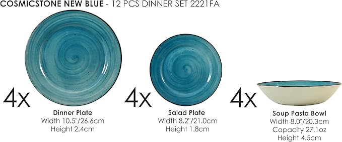Tudor Royal 12-Piece Porcelain Round Dinnerware Set Service for 4 COSMICSTONE Design Plates Bowls Dishes Premium Quality Tableware Unique Pattern Glossy