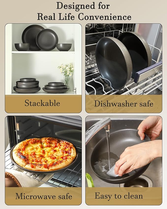 Plates and Bowls Sets 12-Pieces Stoneware Dinnerware Set Ceramic Matte Black Dishes Set for 4 Scratch Resistant Microwave and Dishwasher Safe Tableware Porcelain
