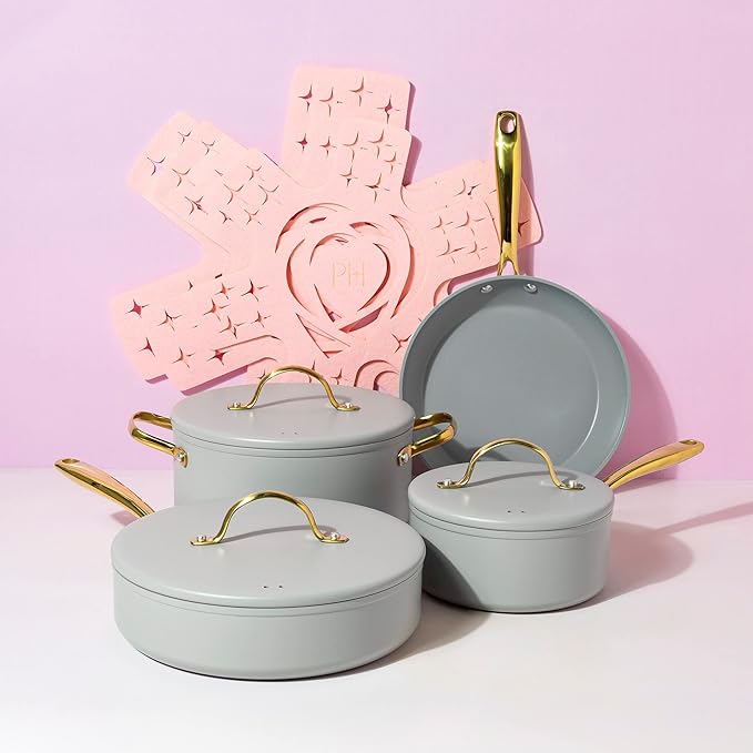 Paris Hilton Iconic Nonstick Pots and Pans Set Multi-layer Nonstick Coating Matching Lids With Gold Handles Made without PFOA Dishwasher Safe Cookware Set 10-Piece Light Gray