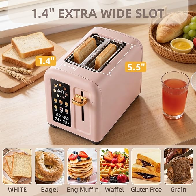 2-Slice Toaster with Touch Screen 7 Shade Settings Extra Wide Slots 6 Bread Function Stainless Steel with High Lift Lever Removable Crumb Tray 1350W (Pink)