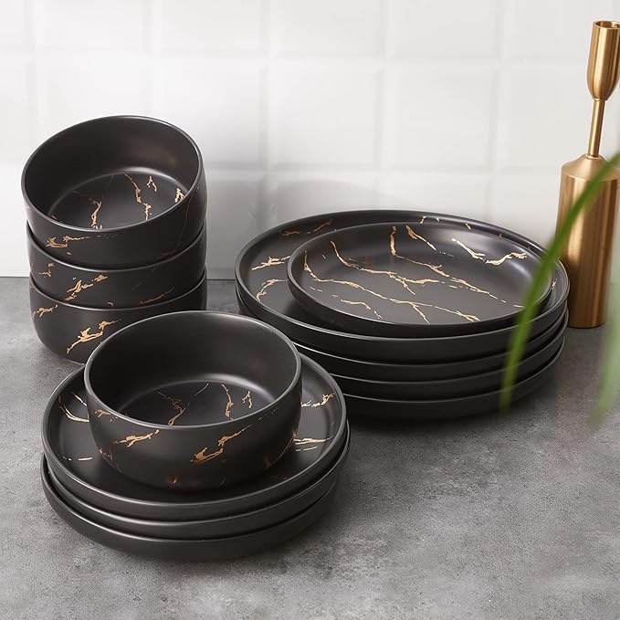 Black Gold Splash Dinnerware Sets Marble Porcelain Plates and Bowls Sets Modern Luxury Dish Set for 4 12 Pieces Fine China Plates Set for Formal Dinners and Anniversaries