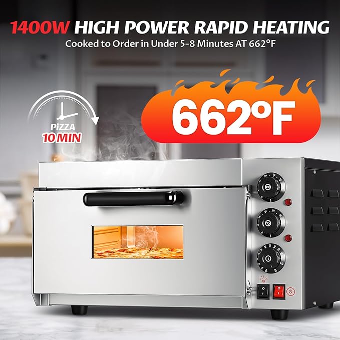 Commercial Pizza Oven 16 Inch Countertop Electric Pizza Oven with Pizza Stone Max Temperature Up to 662°F Stainless Steel Fast Baking Pizza Maker 1400W Energy Efficient Easy to Clean