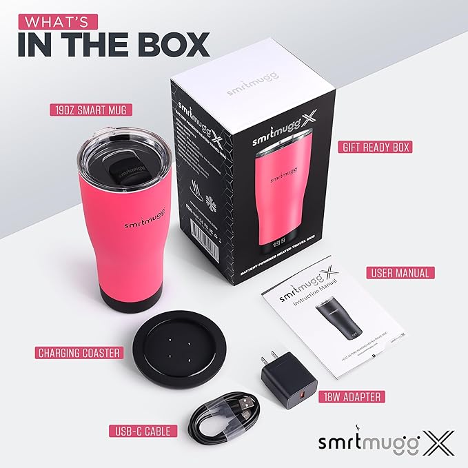 X Heated Coffee Mug 19 oz. 8 Hour Battery Life Self-Heating Adjustable Temp Controlled LCD Screen Includes Cover with Magnetic Slider (Pink)