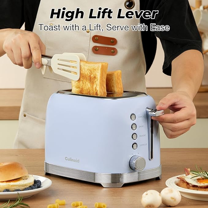Toaster 2 Slice Retro Stainless Steel with 1.5” Extra Wide Slots Bagel Defrost Reheat Cancel Functions 6 Bread Shade Settings Removable Crumb Tray Blue