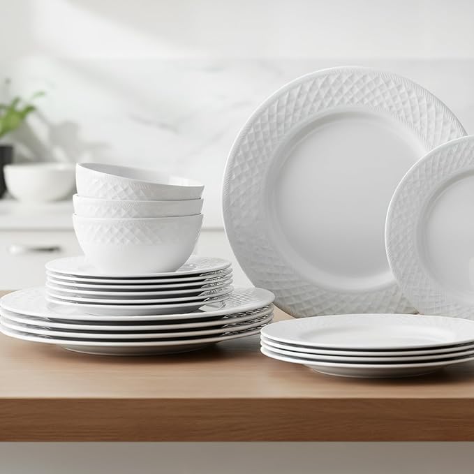 18-Piece Bone China Dinnerware Set for 6 White Porcelain Plates and Bowls with Textured Design Lightweight Microwave Dishwasher Safe for Family Dining
