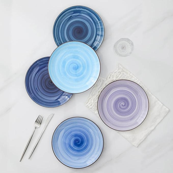 Selamica Ceramic Dinnerware Sets for 6 18 Pieces Plates and Bowls Set Scratch Resistant Dishes Set Handpainted Swirl with Spot Dishwasher &amp Microwave Safe Gradient Blue