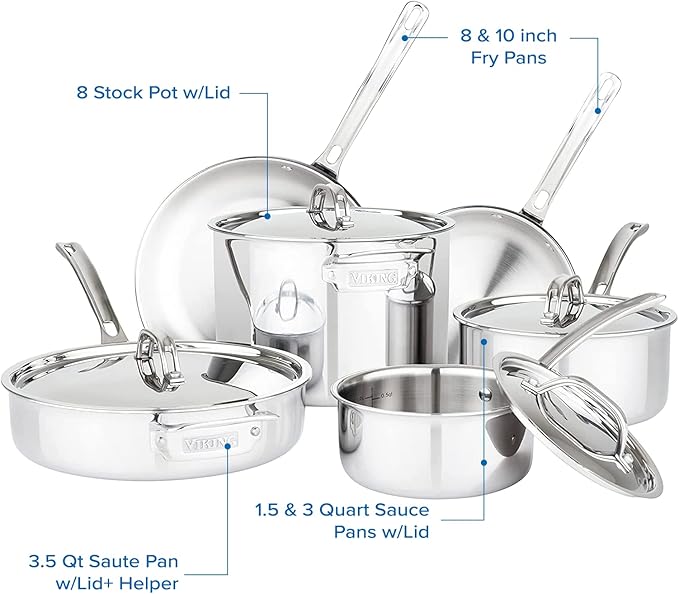 Viking Culinary 3-Ply Stainless Steel Cookware Set with Metal Lids 10 Piece Dishwasher Oven Safe Works on All Cooktops including InductionSilver