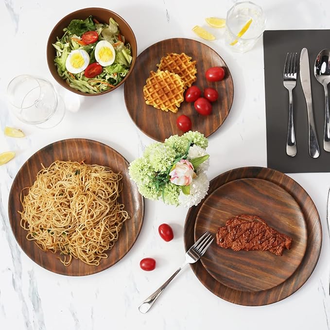 TP 18-Piece Dinnerware Set Melamine Dishes Set with Bowls and Plates Service for 6 Non-breakable Lightweight Dining Tableware Rosewood Grain