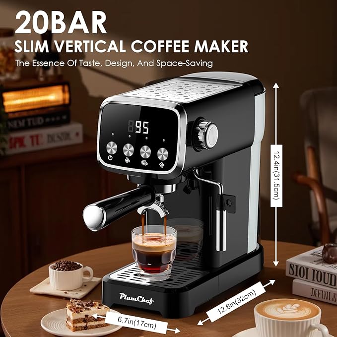 20 BAR Slim Vertical Espresso Machine with Milk Frother Built-in Cup Warmer 43 OZ Detachable Tank for Rich Espresso Americano Latte Compact Space-Saving Design Screen Button Black