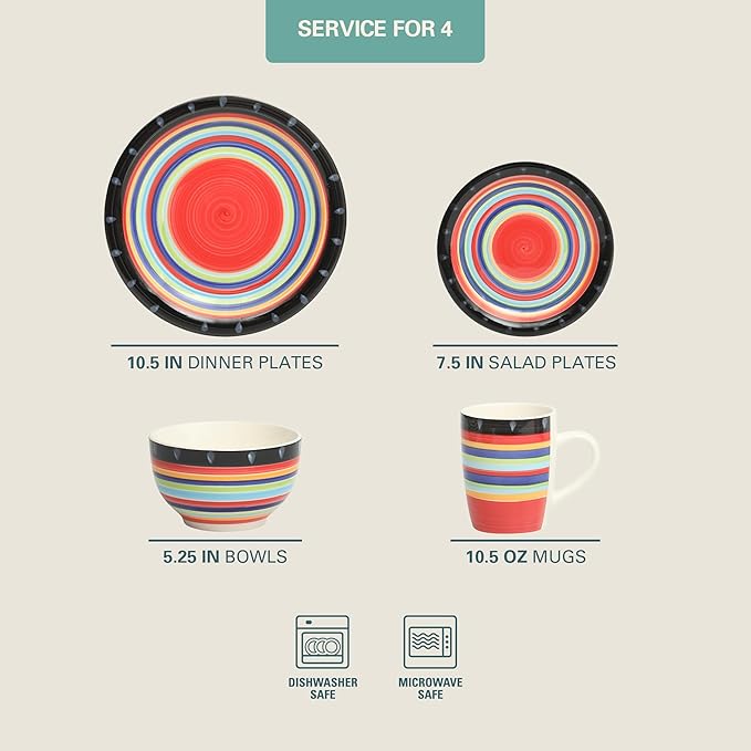 Gibson Home Festival Rings 16-Piece Stoneware Dinnerware Set – Colorful Hand-Painted Plates Bowls &amp Mugs Service for 4 Dishwasher &amp Microwave Safe Vibrant Tableware
