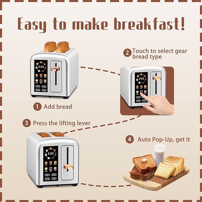 SEEDEEM Toaster 2 Slice with Touch Screen Faster Heating Speed 7 Shade Setting 6 Bread Type 1.5”Wide Slots Toaster Removable Crumb Tray 1350W Silver Metallic
