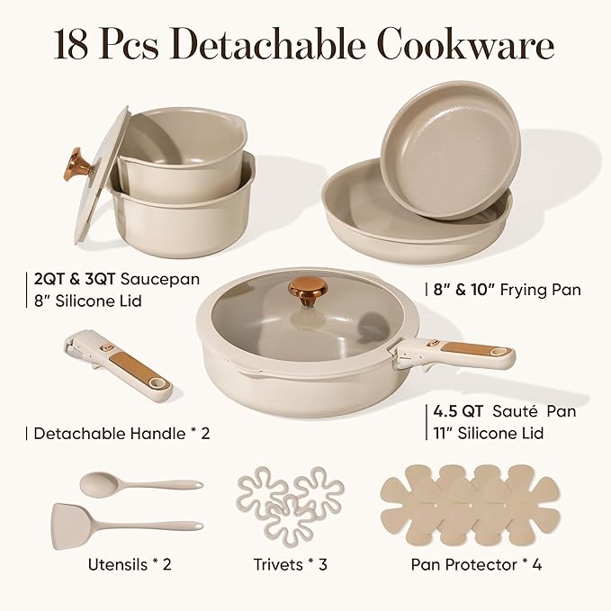 CAROTE 18Pcs Ceramic Cookware Set with Detachable Handle Pots and Pans Set Non Stick Non Toxic Cookware Set Removable Handles Induction Kitchen Cookware Sets Dishwasher/Oven Safe