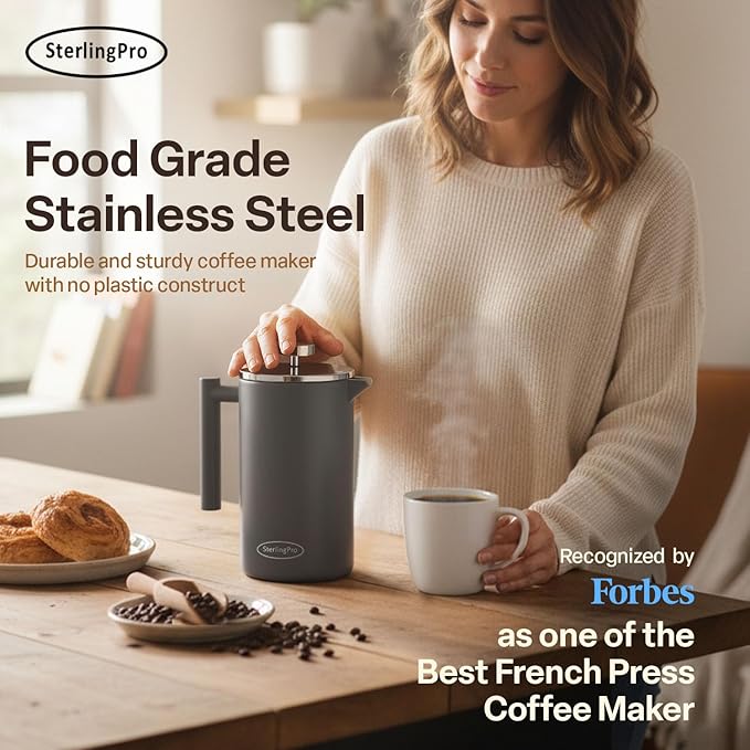 Stainless Steel French Press Coffee Maker 1.5 L (51 oz) Grey – Double Walled Insulated Large Coffee Press Durable Design Keeps Drinks Hot Easy to Use and Clean for Rich Flavor Brewing