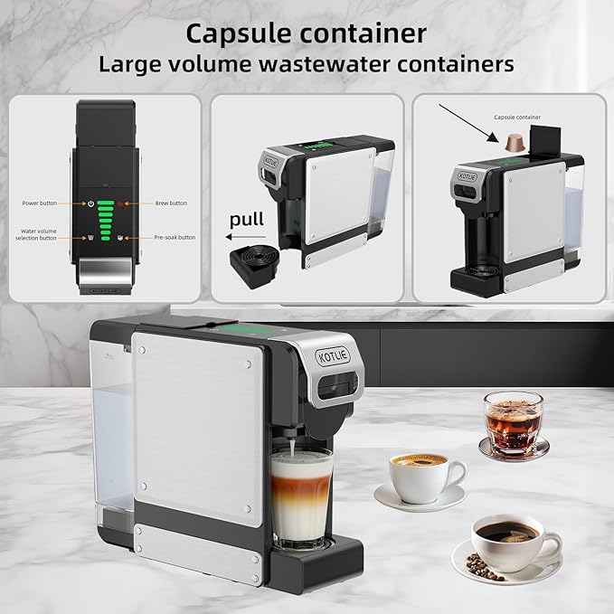 KOTLIE Update 4-in-1 Capsules &amp Grounds Single-Serve Coffee MakerCompatible with K*cup/Nes* Original/Dol*e Gusto/Grounds19 Bar (Black)