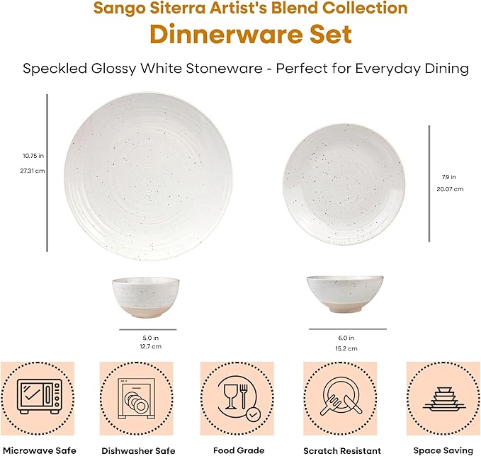 Sango Siterra 16-Piece Rustic White Stoneware Dinnerware Set – Service for 4 White with Glossy Speckle Overlay for Everyday Dining &amp Entertainment Microwave &amp Dishwasher Safe
