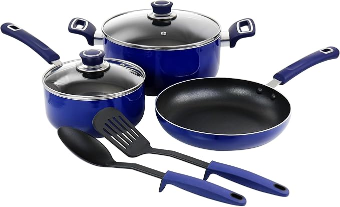 7-8-Piece Nonstick Aluminum Cookware Set – Dutch Oven Frying Pan Saucepan with Glass Lids &amp Utensils – Low-Fat Cooking Pots and Pans for Gas Electric and Halogen Stovetops (Blue 7 Pieces)