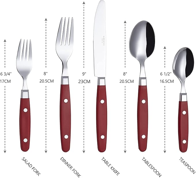 ANNOVA Silverware Set Retro/Rivet Colorful Stainless Steel Tableware Kitchen Flatware Set Utensils Includes Dinner Knives Forks Spoons Salad Forks &amp Dessert Spoons (Red 20 Pieces)