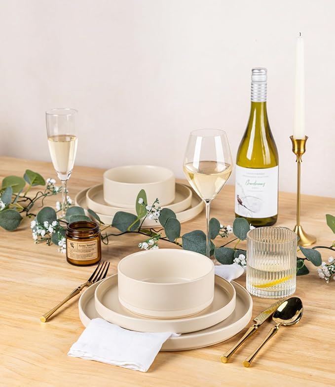 TheTerra Ceramic Dinnerware Sets for 8 24 Pieces Handmade Reactive Glaze Plates and Bowls Set Scratch Resistant Dish Set Oven &amp Microwave &amp Dishwasher Safe Matte White