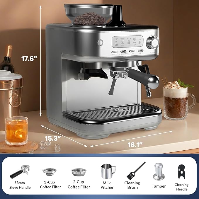 Espresso Machine 15 Bar Espresso Maker with Grinder and Steam Milk Frother Stainless Steel Coffee Machine with 78oz Removable Water Tank for Cappuccino Latte