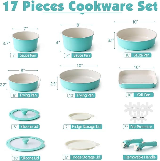 SENSARTE 17 Piece Ceramic Pots and Pans Set Nonstick Detachable Handle Cookware Induction Kitchen Cookware Set with Removable Handle Dishwasher ＆ Oven Safe (Turquoise)