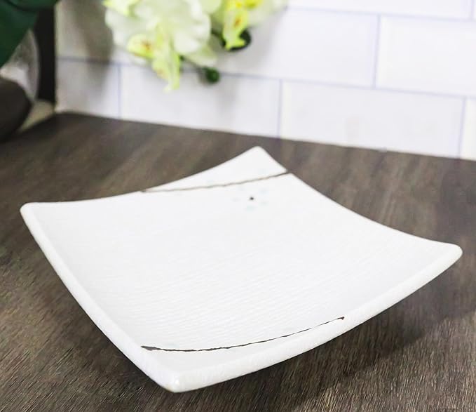 Ebros Gift Modern Yukino Hana Snow Flowers Ceramic Dinnerware Serveware Kitchenware Set Oriental Asian Restaurant Supply (Pack Of 5 Square Appetizer Dessert Salad Plates)