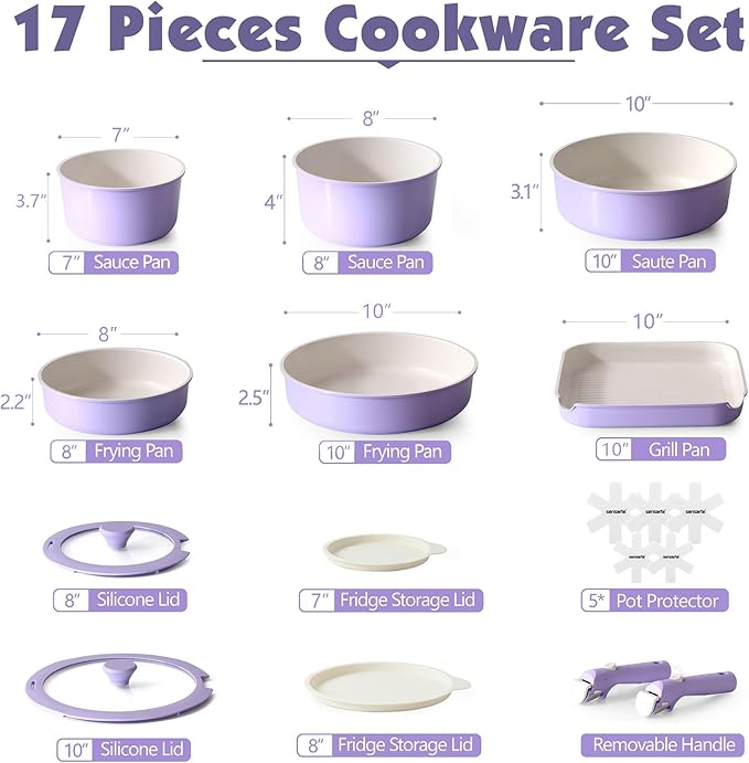 SENSARTE 17 Piece Ceramic Pots and Pans Set Nonstick Detachable Handle Cookware Induction Kitchen Cookware Set with Removable Handle Dishwasher ＆ Oven Safe (Purple)