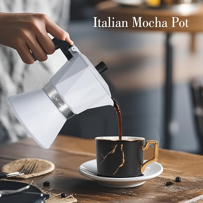 Moka Pot 6-Cup Espresso Maker 300ml Portable Stovetop Espresso Maker Percolator Coffee Pot Compatible with Induction Cooktops Suitable for Home and Camping (White)