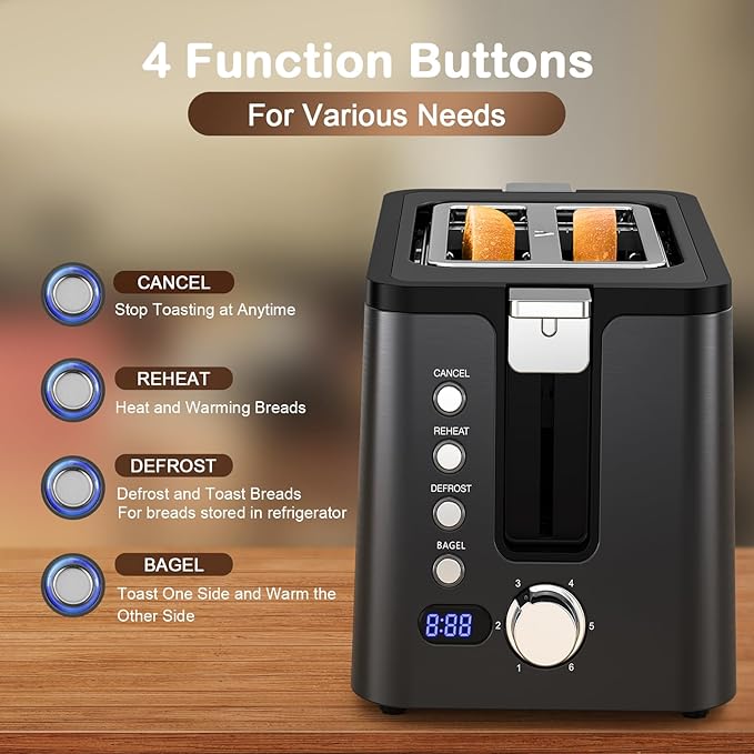 Mecity Toaster 2 Slice Stainless Steel Body Timer Bagel Defrost Reheat Cancel Functions Warming Rack Removable Tray 6 Browning Settings Extra Wide Slots Bread Toaster 120V 800W Black