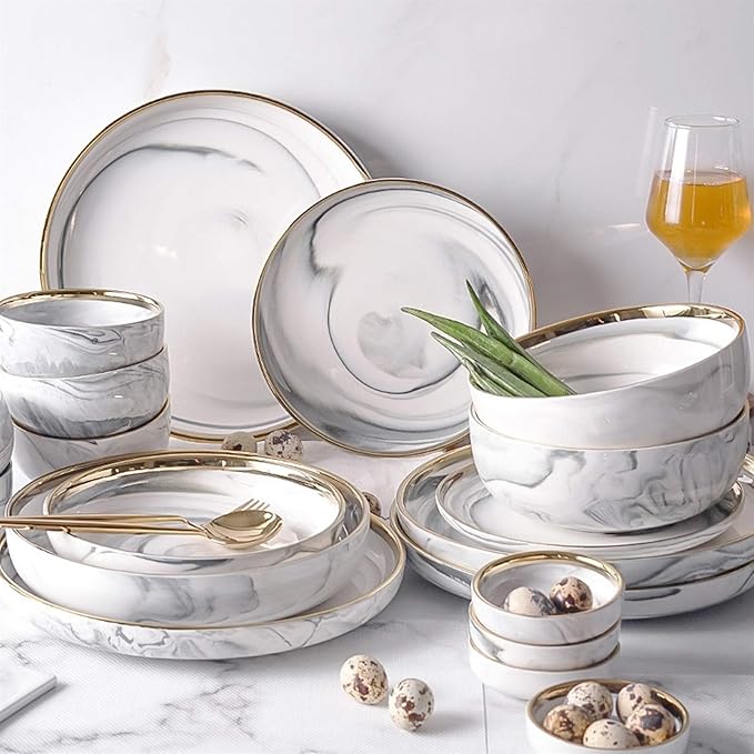 7-Piece d Edged Marble Dinnerware Set - Compact Kitchen T for 2 with Round Ceramic Plates and Sauce Bowls