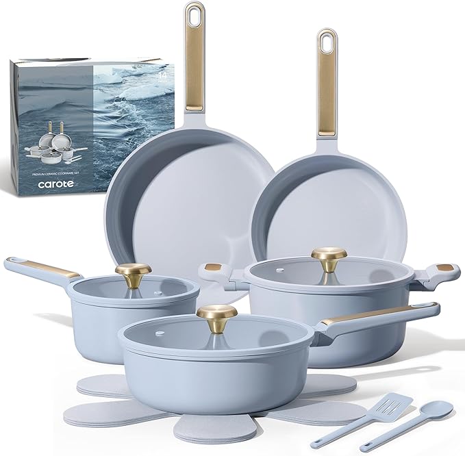 CAROTE Ceramic Cookware Set Nonstick 14pcs Pots and Pans Set Nonstick Non-Toxic &amp PFAS-Free Dishwasher RV/Camping Cookware Set Cooking Pots with Lids Pastel Blue