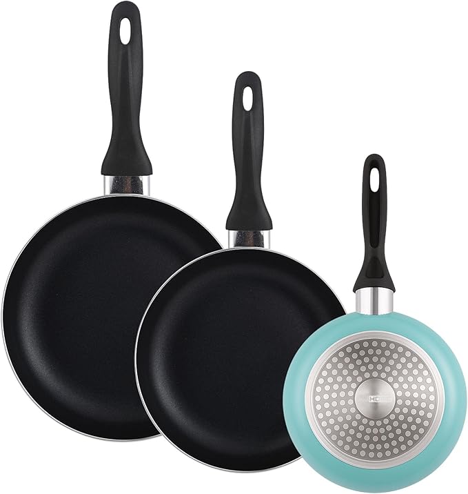 Well Home Set of 3 Pans Diameter 16 x 20 x 24 cm Made of Pressed Aluminium in Matte Blue + 3-Piece Acacia Cookware Set