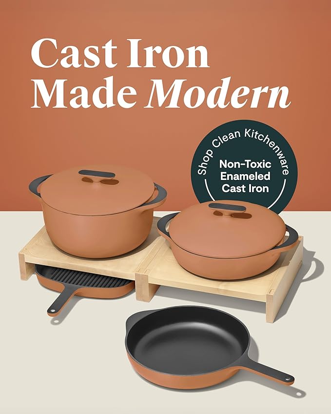 Caraway 8-Piece Enameled Cast Iron Set - 10.5” Skillet Grill Pan 3.5 qt Braiser Pan 6.5 qt Dutch Oven with Lid and Organizers - Non-Toxic 3-Layer Enamel Coating - No Seasoning Required - Rust