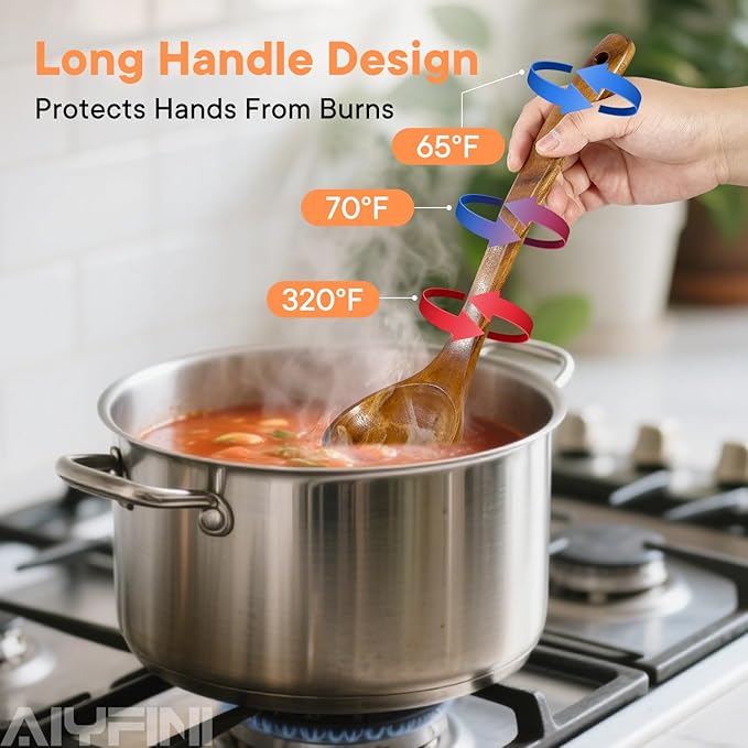 Non-Toxic Wooden Utensils for Cooking - Natural Acacia &amp Glue-Free15.4 Large Spatula Set Long Handle for Scald-Resistant Wood Kitchen Spoons/Chopsticks/Holder for Non Stick Frying Pans by ALY