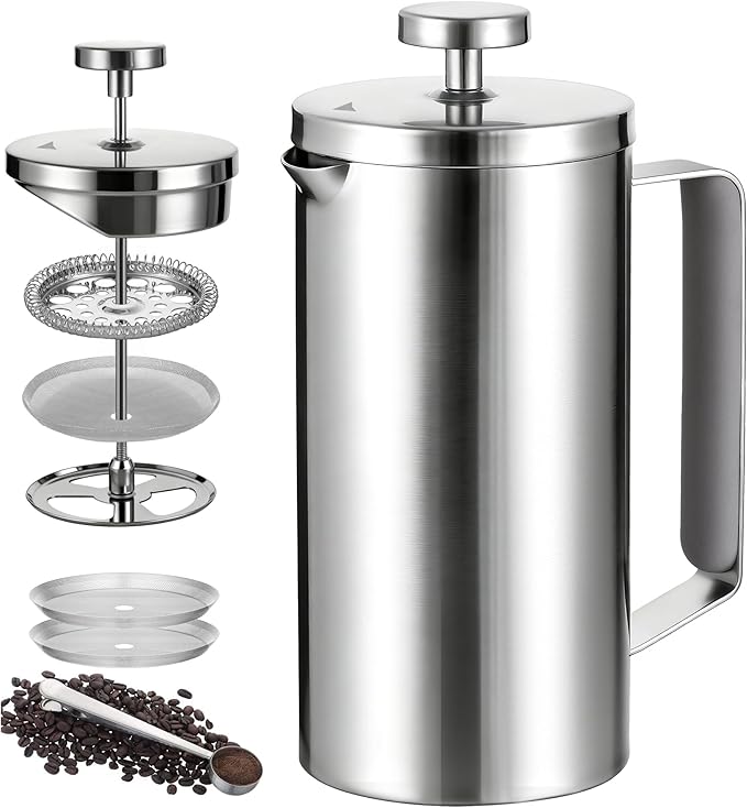 small French Press Coffee Maker 600ml Double-Wall Insulated French Press Coffee Press Stainless Steel for travel camping Silicone handle (2-4cup 20 OZ) silver