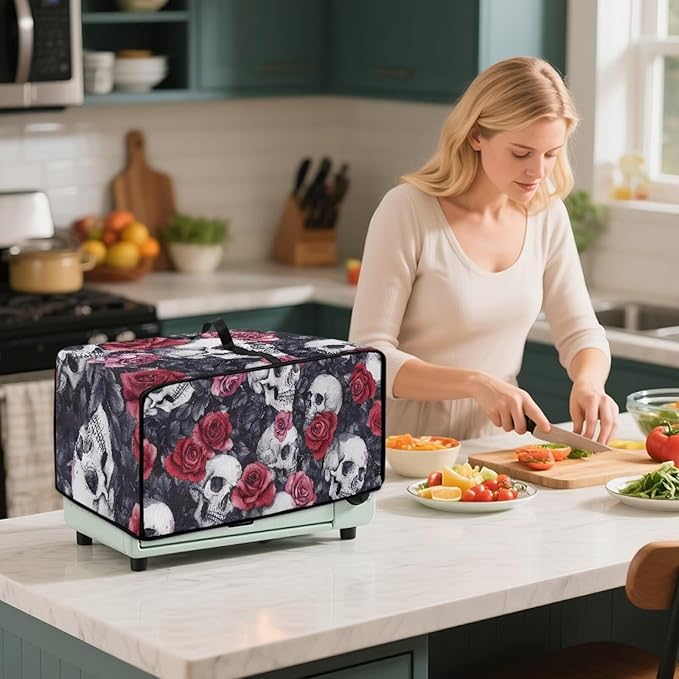 Skull Rose Print Toaster Oven Dust Cover for Kitchen Counter Decorative Washable Toaster Oven Air Fryer Cover Dust Protection 18.5 x 14.5 x 9 Grey and Red