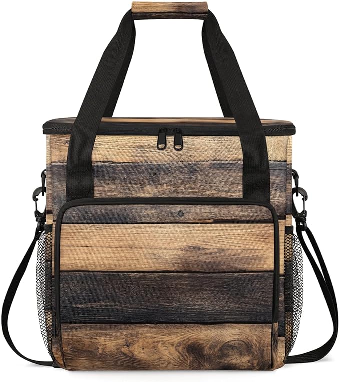 Wood Pattern Coffee Maker Travel Bag for Keurig K-Mini/K-Mini Plus Insulated Waterproof Tote with Pockets for K-Cup Portable Single-Serve Brewer Case