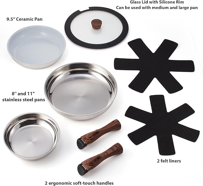 Ergo Chef Pro Series 8pc Smart Pan Set Removable Handles space-saving for kitchens RVs &amp Camping Compatible with electric gas &amp induction stoves stainless steel pans &amp ceramic PTFE &