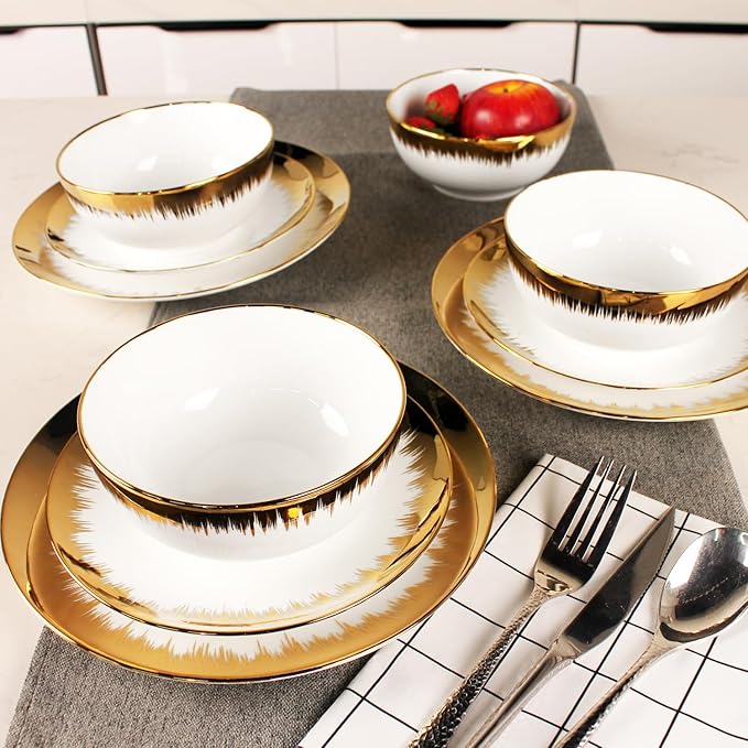Dinnerware Sets(12Pcs) Serves for 4 Modern Dinnerware Gilded Edge Plates and Bowls Set with 8.3Small Plate 10.2dinner Plate 6.1Soup bowl apply Indoor Outdoor (Gilded set)