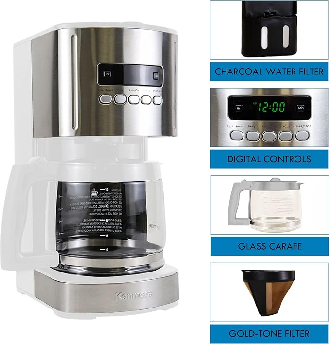 Kenmore Drip Coffee Maker - 12 Cup Programmable Cafe Machine With Glass Pot Regular &amp Bold Brew Auto Shut Off Large Water Reservoir Reusable Filter Kitchen Appliances For Cafeteria Barista Wh