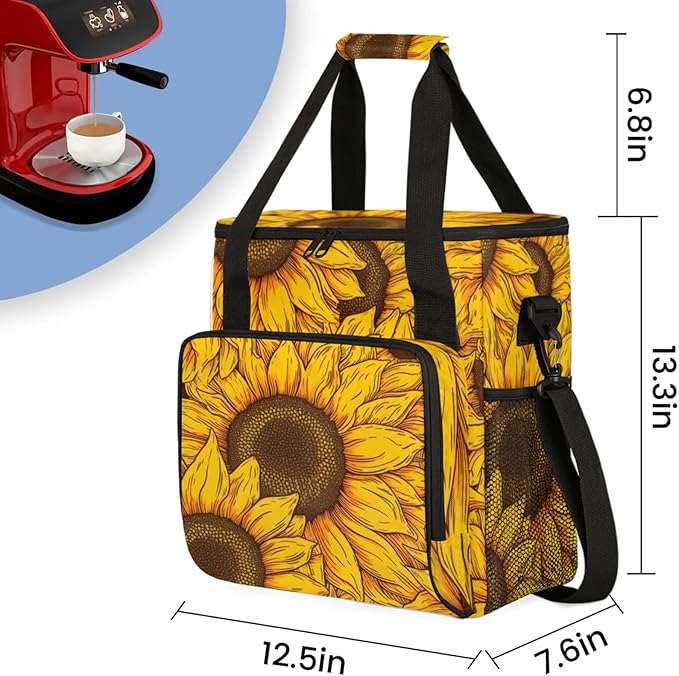 Floral Sunflowers Coffee Maker Travel Bag for Keurig K-Mini/K-Mini Plus Insulated Waterproof Tote with Pockets for K-Cup Portable Single-Serve Brewer Case