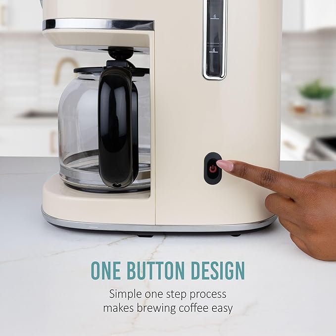 Nostalgia Classic Retro 10 Cup Coffee Maker - One-Touch Drip Brew Reusable Filter - Anti-Drip Auto Shutoff &amp Time Display - Dishwasher Safe 50 oz Carafe - Cream